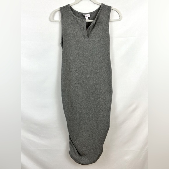 Isabel Maternity Heather Gray Ribbed Sleeveless Henley Tank Dress Side R… - Picture 2 of 8